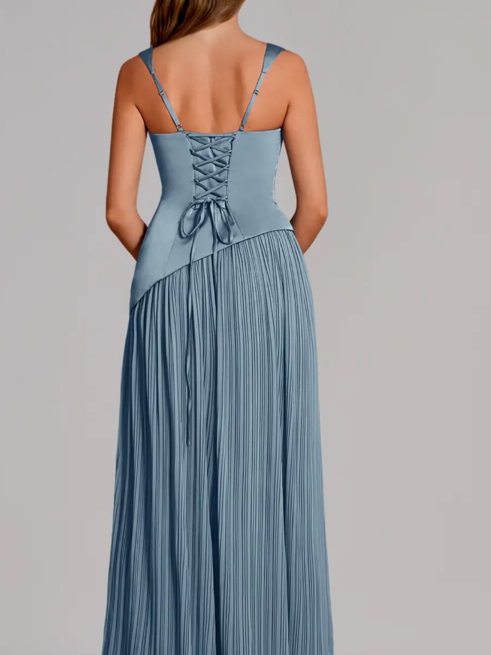 Azazie Stephanie Dusty Blue Pleated A-Line Satin Gown with Sash - Picture 3 of 4